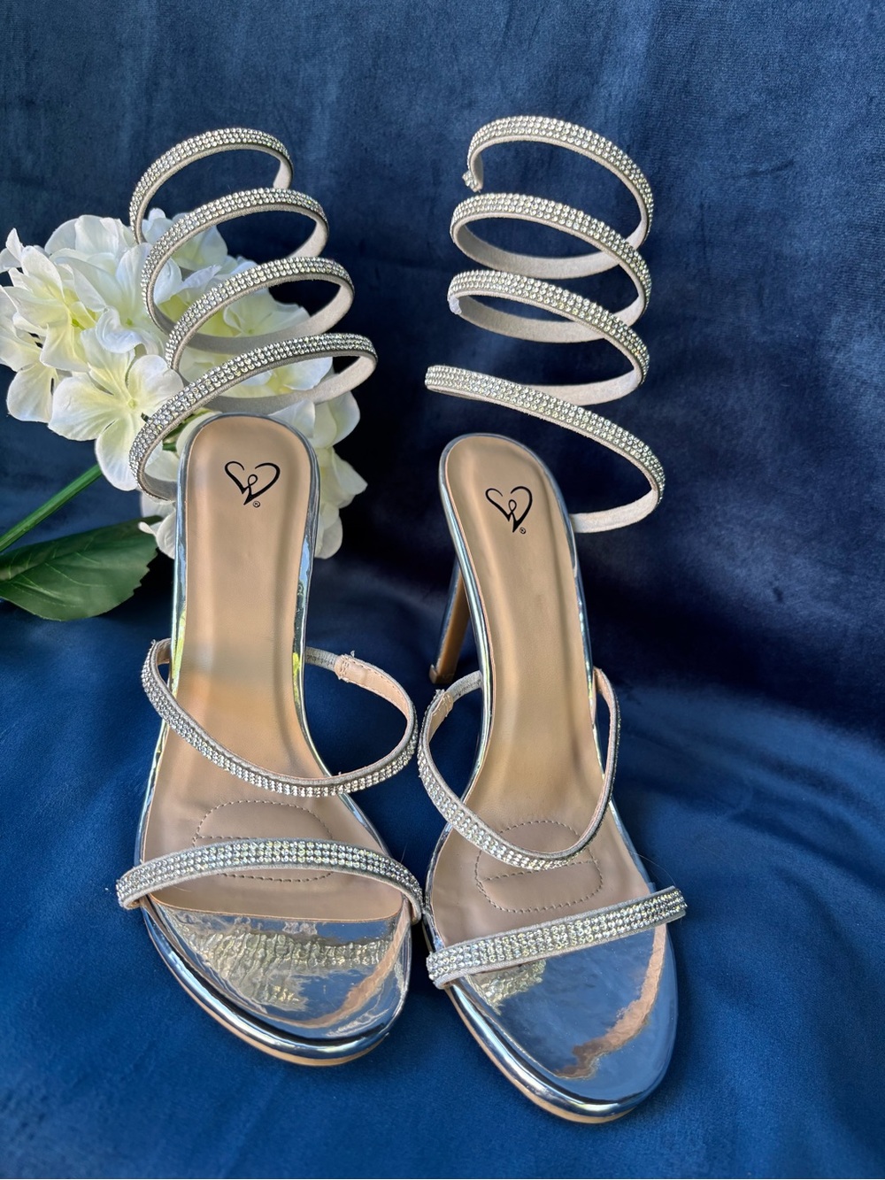 Windsor Silver Spiral Rhinestone Strap Stiletto Sandals Size 8